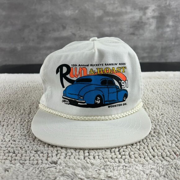 San Sun Other - 90s Vintage Hot Rod Strap Back Trucker Rope Hat OSFA Run and Roast Racing Cap